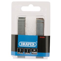 A box of Draper I' Nails, containing 1000 pieces, marked as 14mm in width and identified by the code ST/IN14. The packaging is predominantly white and blue.