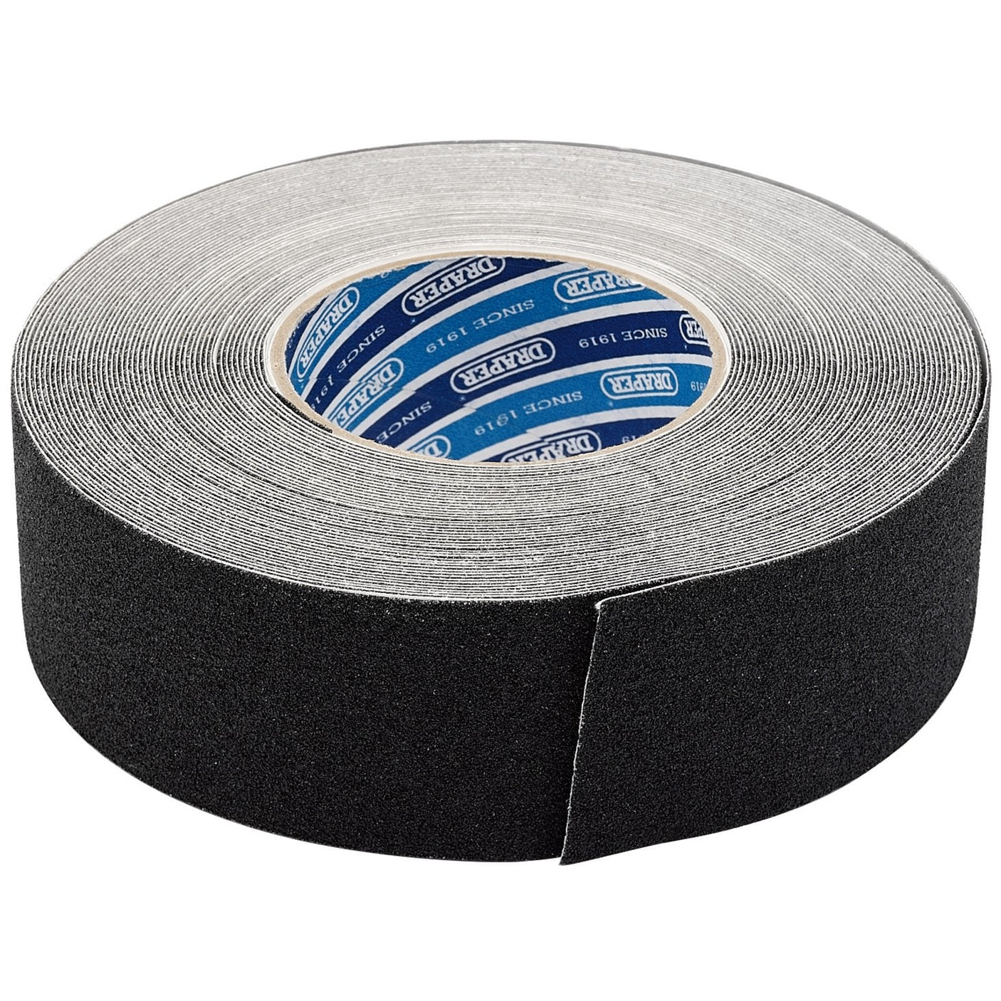 The Draper Heavy Duty Safety Grip Tape Roll, TP-S/GRIP, measuring 18 meters by 50mm in black, features a self-adhesive design with visible text on the inner core.