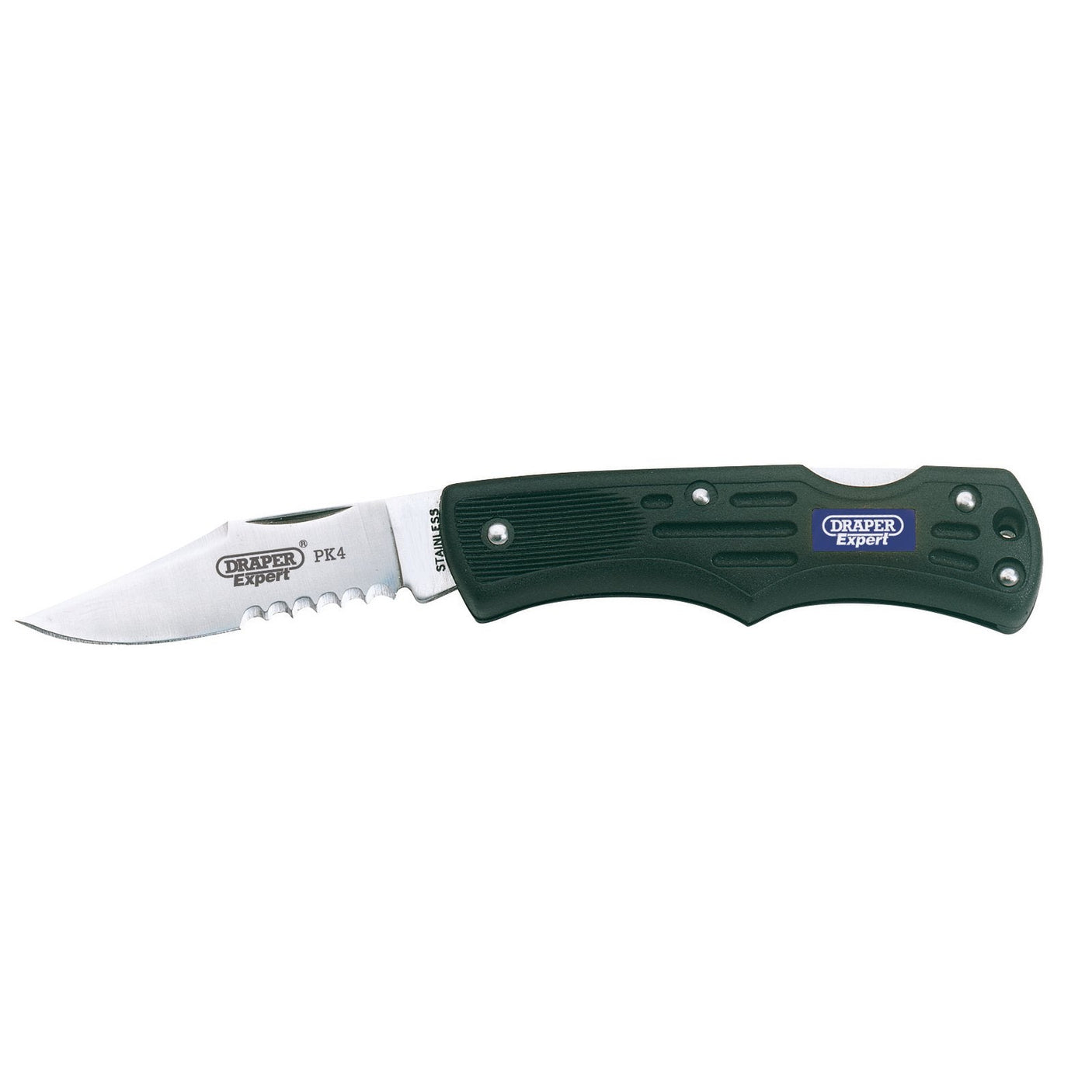 The Draper Dual Edge Folding Pocket Knife - PK4 features a dual serrated edge, stainless steel blade, and a green reinforced nylon handle.