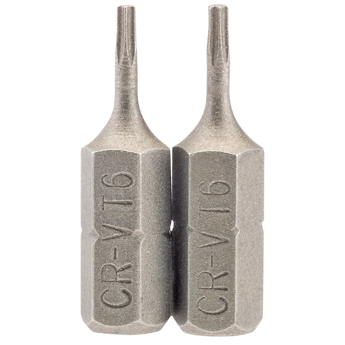 Two identical Draper Tx-Star® Insert Bits, 1/4" hexagonal base, 25mm long, T6 model (Pack of 2), made of chrome-vanadium steel with small, precise tips, are compatible with Draper TX-STAR and other Torx fixing systems.