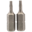 Two Draper Tx-Star® Insert Bits, each with a 1/4" hex base and 25mm length, featuring durable T9 Torx heads made of chrome vanadium steel. Photographed standing upright and side by side against a white background, these bits are ideal for use with Draper TX-STAR tools and other Torx fixing systems.