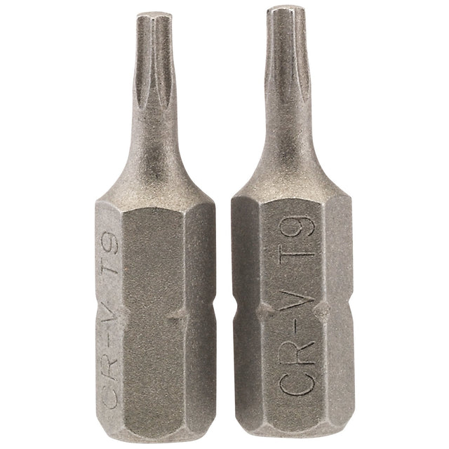 Two Draper Tx-Star® Insert Bits, each with a 1/4" hex base and 25mm length, featuring durable T9 Torx heads made of chrome vanadium steel. Photographed standing upright and side by side against a white background, these bits are ideal for use with Draper TX-STAR tools and other Torx fixing systems.