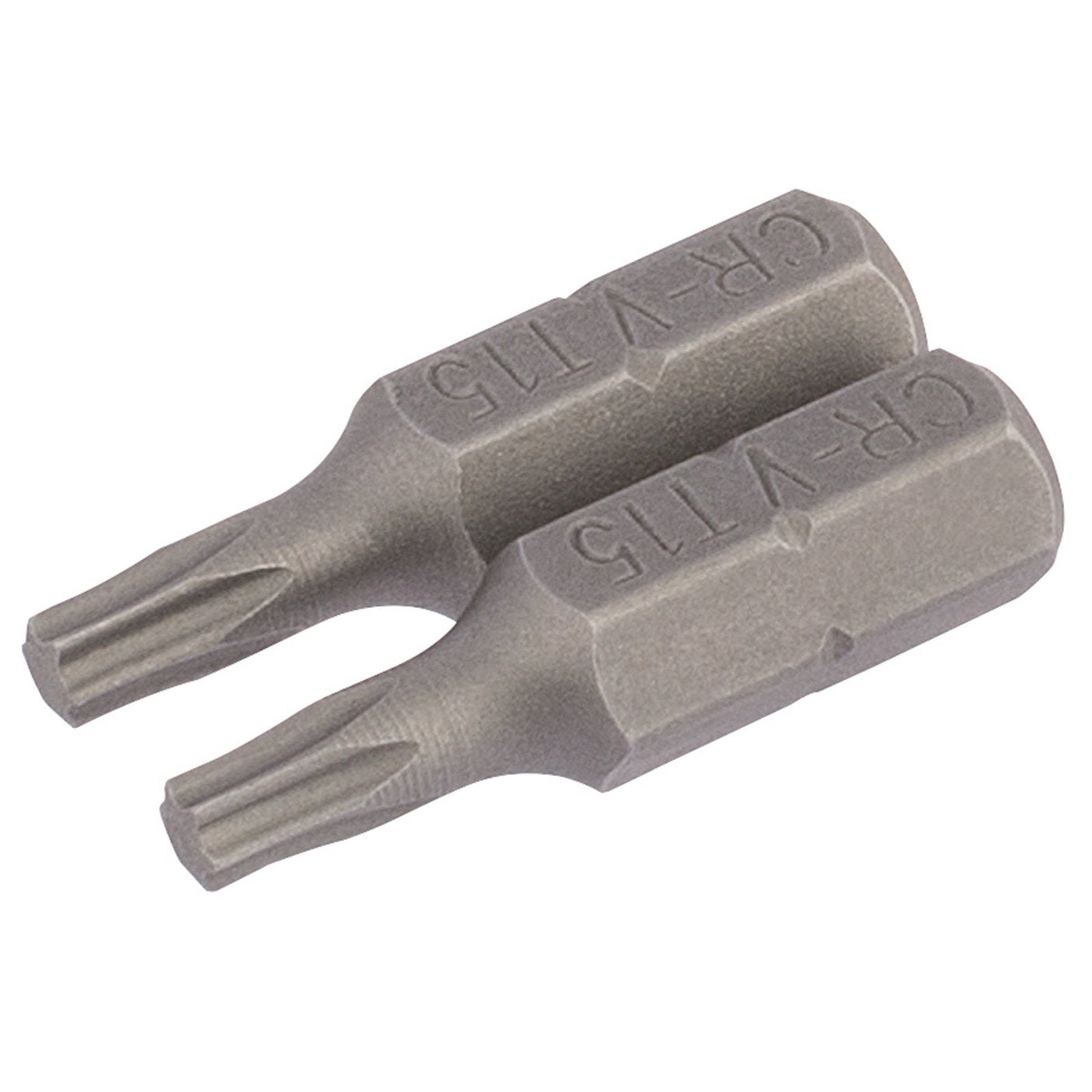 Two identical Draper Tx-Star® Insert Bits, each 25mm long and made of Chrome vanadium steel, have the marking "CR-V T15" engraved on their sides.