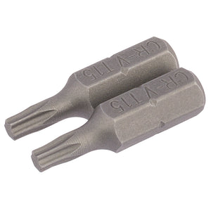 Two identical Draper Tx-Star® Insert Bits, each 25mm long and made of Chrome vanadium steel, have the marking "CR-V T15" engraved on their sides.