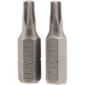 Two Draper Tx-Star® T20 insert bits, each 25mm long with a 1/4" hex base, made from durable chrome vanadium steel and suitable for various Torx fixing systems. Pack of 2 (25TX/2/B).