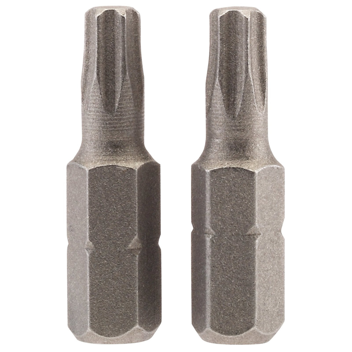 Two Draper Tx-Star® Insert Bits, each 1/4" hex and 25mm long with T25 fluted tips, made from chrome vanadium steel, oriented upright and side by side against a plain white background.