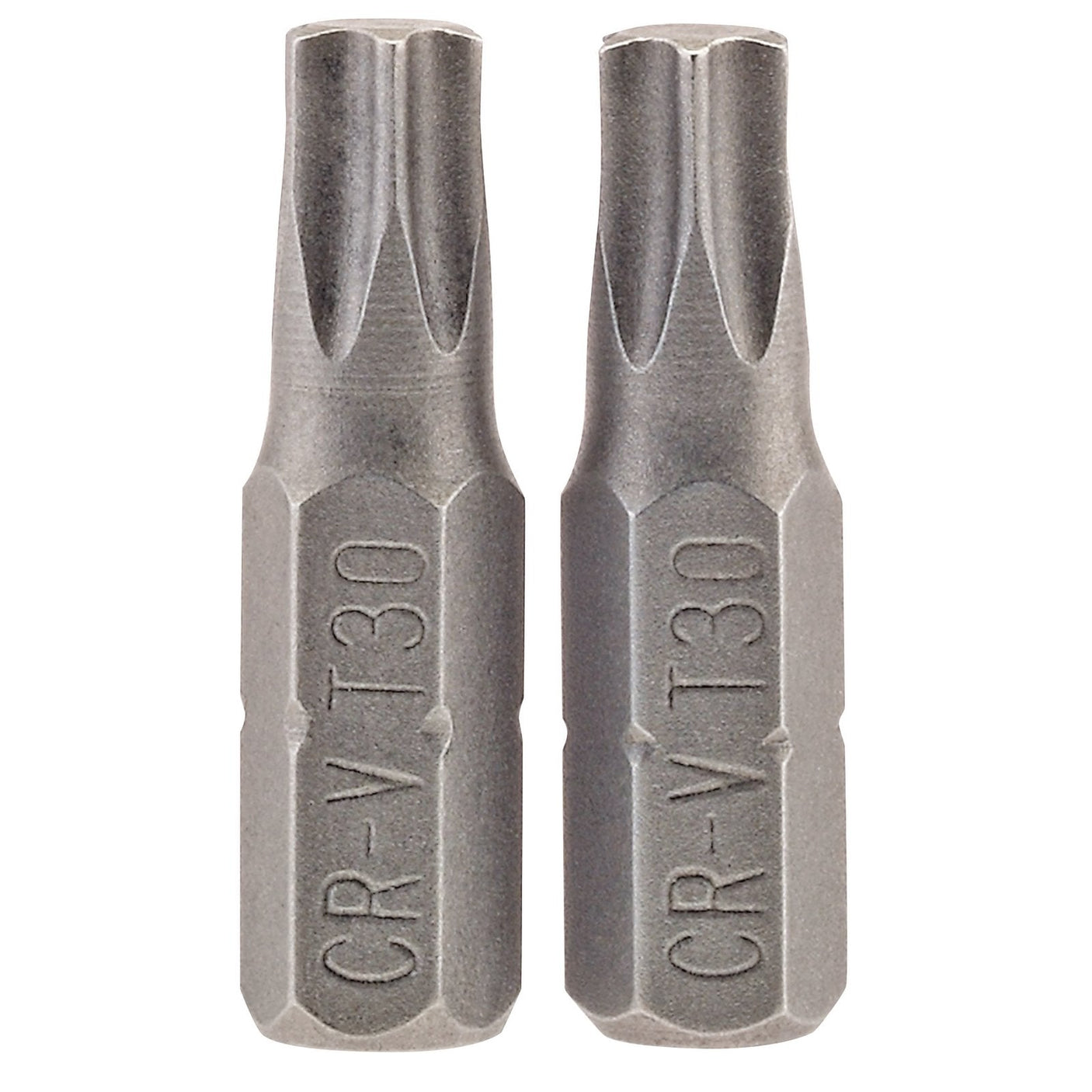 Two Draper Tx-Star® Insert Bits, each 25mm long with a 1/4" hex base and a T30 star-shaped tip, marked "CR-V T30." Crafted from chrome vanadium steel, they are ideal for use with Draper TX-STAR or other Torx fixing systems. Pack of 2 - 25TX/2/B.