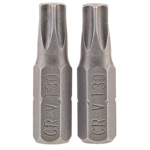 Two Draper Tx-Star® Insert Bits, each 25mm long with a 1/4" hex base and a T30 star-shaped tip, marked "CR-V T30." Crafted from chrome vanadium steel, they are ideal for use with Draper TX-STAR or other Torx fixing systems. Pack of 2 - 25TX/2/B.