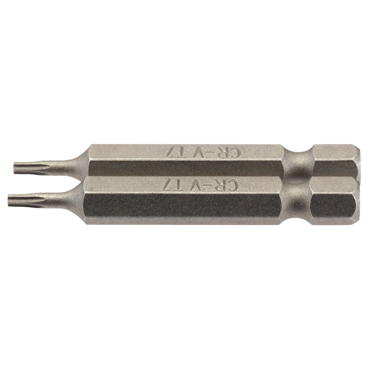 The Draper Tx-Star® Insert Bit features dual-ended star-shaped tips and a hexagonal body. Crafted from durable chrome vanadium steel, it measures 50mm in length and comes inscribed with "CR-V7." This pack contains two bits.