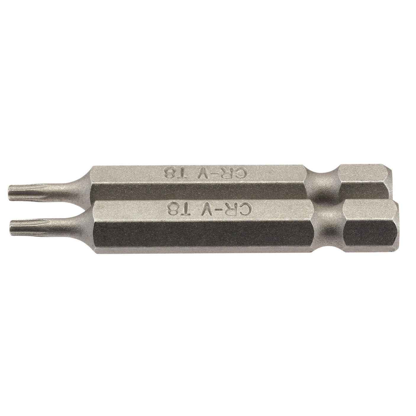 The Draper Tx-Star® Insert Bit, designed with a 1/4" hexagonal shank and crafted from durable chrome vanadium steel, features two T8 tips and is 50mm long. Labeled "CR-V T8" on each side, it’s ideal for use with Draper TX-STAR and other Torx fixing systems. This comes in a pack of two (Product Code: 50TX/2/B).