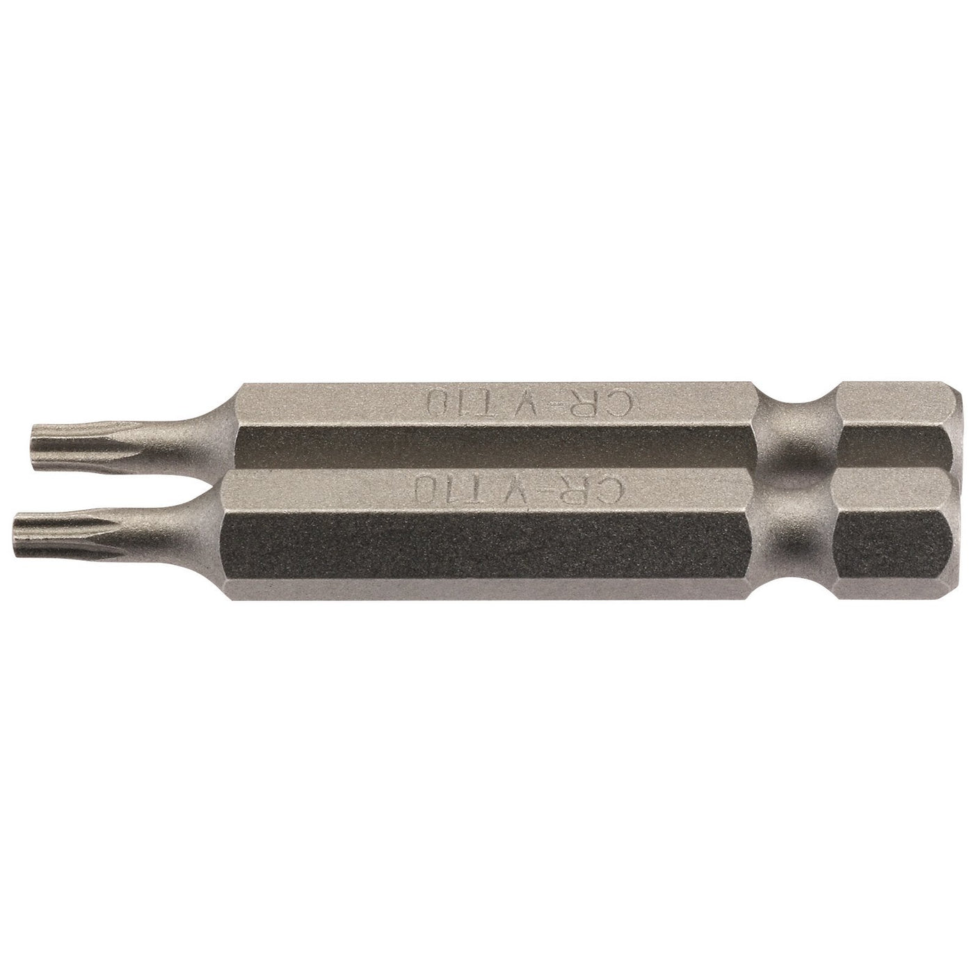 The Draper Tx-Star® Insert Bit, 1/4" hexagonal shank and 50mm in length, made from durable chrome vanadium steel, features a double-ended design with T10 sizes on each end. Ideal for use with Torx fixing systems and compatible with Draper TX-STAR tools, it comes in a pack of 2 under the product code 50TX/2/B.