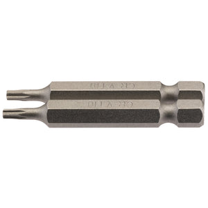 The Draper Tx-Star® Insert Bit, 1/4" hexagonal shank and 50mm in length, made from durable chrome vanadium steel, features a double-ended design with T10 sizes on each end. Ideal for use with Torx fixing systems and compatible with Draper TX-STAR tools, it comes in a pack of 2 under the product code 50TX/2/B.