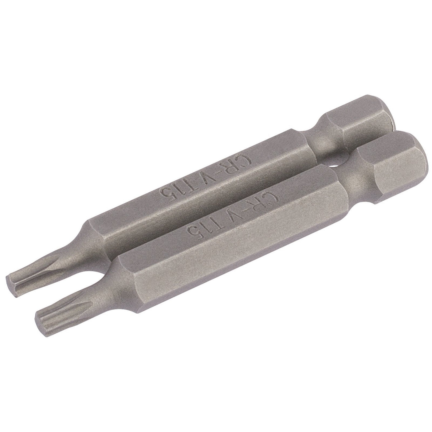 Two Draper Tx-Star® Insert Bits, 1/4" Hex, 25mm Long, T27 (Pack of 2) - 25TX/2/B are positioned parallel to each other on a white background.