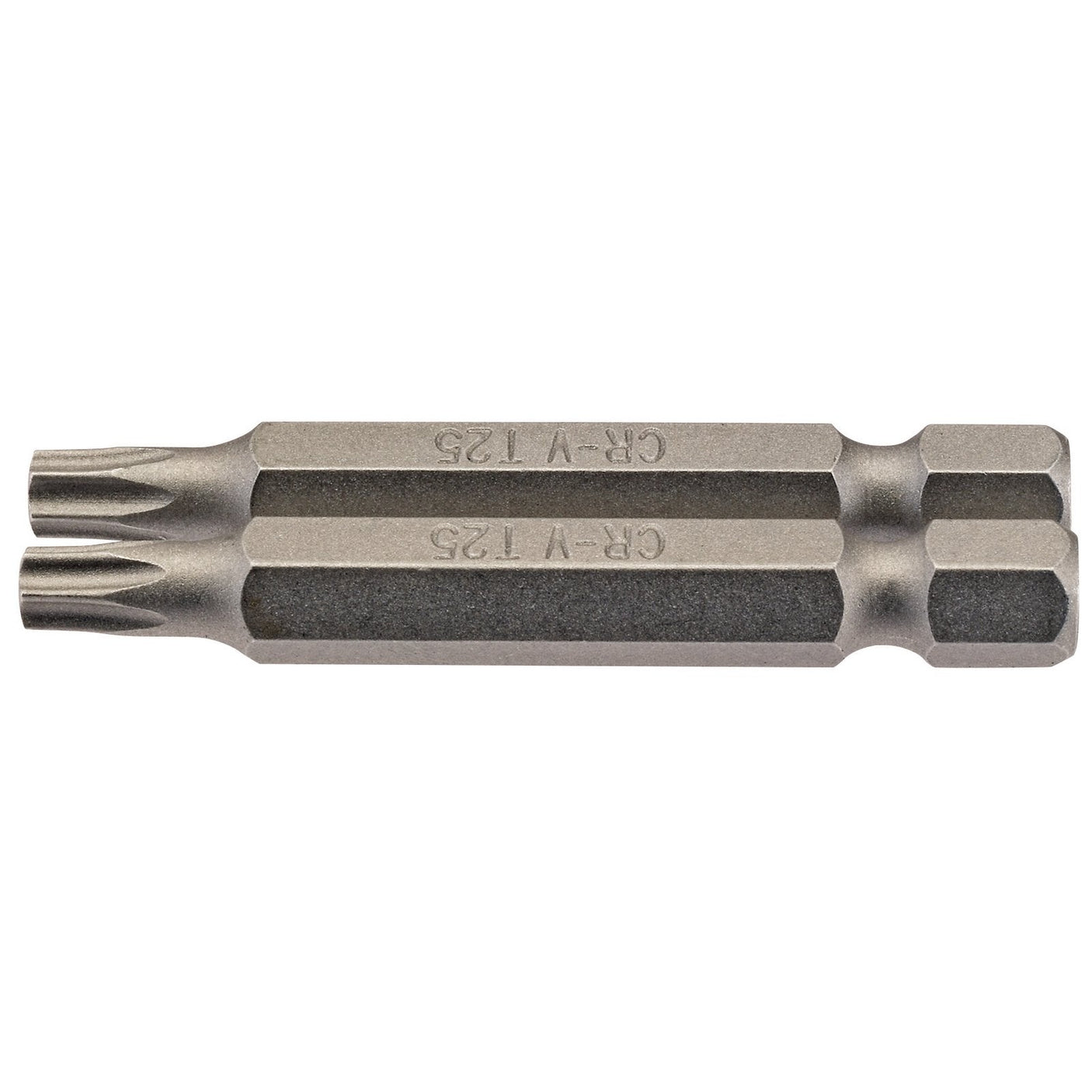 Draper Tx-Star® 1/4" Hex Insert Bit, measuring 50mm in length and marked with "CR-V T25," features a double-ended hex and star shape. Made from chrome vanadium steel, these bits have a sleek metallic finish and are ideal for Torx fixing systems. Sold in a pack of two (product code: 50TX/2/B).