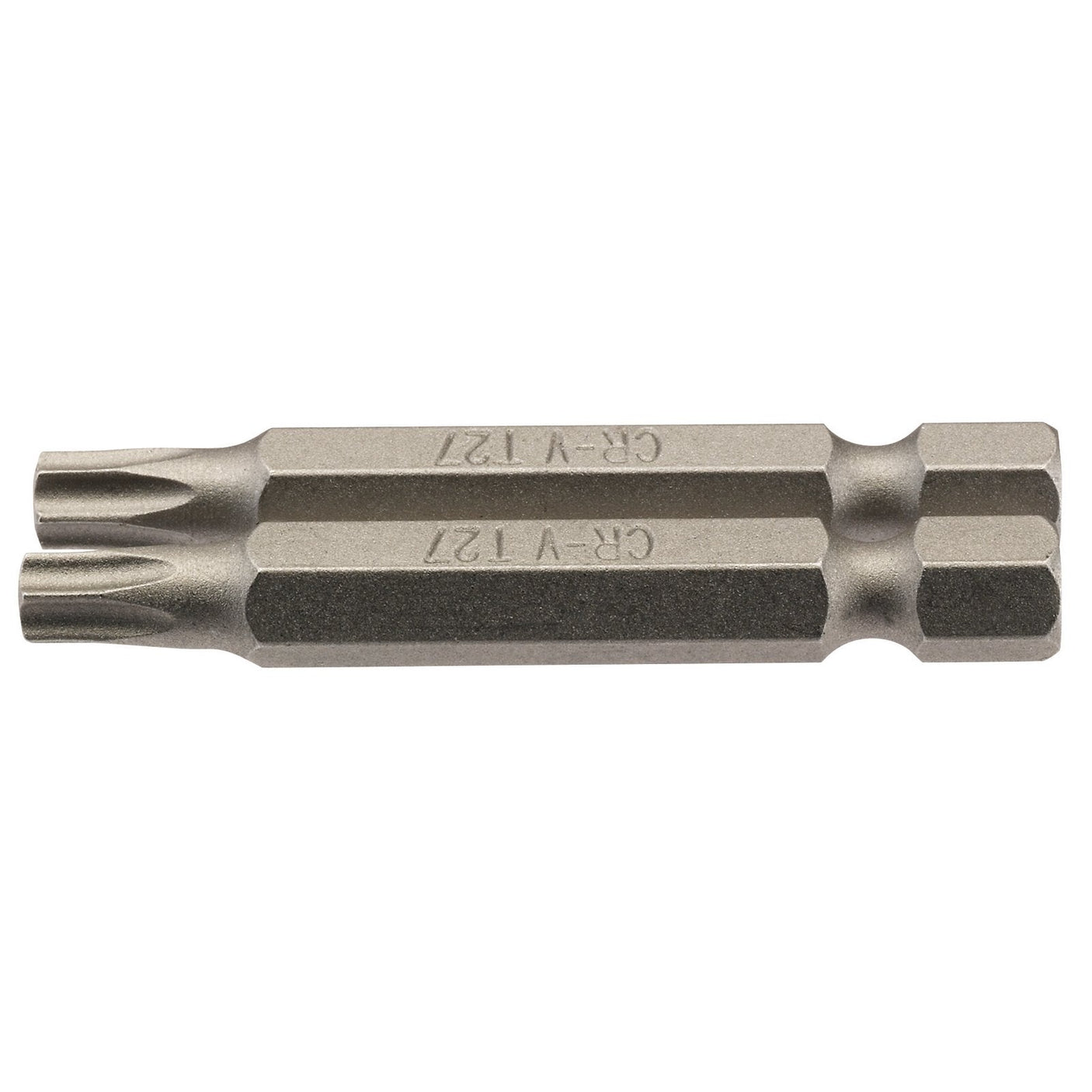 Close-up of a Draper Tx-Star® 1/4" hex insert bit, 50mm long, made from chrome vanadium steel with a metallic, tempered shot blast finish, showing the T27 size and type engraved on the side. (Pack Of 2) - 50TX/2/B.