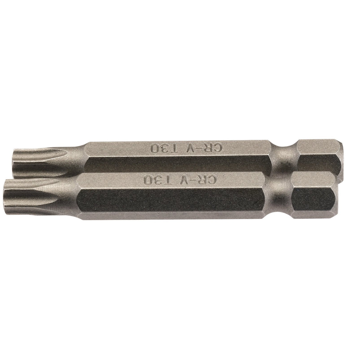 Close-up of two Draper Tx-Star® Insert Bits, each 1/4" hex and 50mm long, stamped with "CR-V 130," lying side by side, crafted from durable chrome vanadium steel.