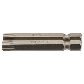 Introducing the Draper Tx-Star® Insert Bit, a 50mm long T40 Torx bit with a 1/4" hex shaft, crafted from durable chrome vanadium steel and featuring a star-shaped tip with precise engraved markings. This pack of two is ideal for Torx fixing systems.