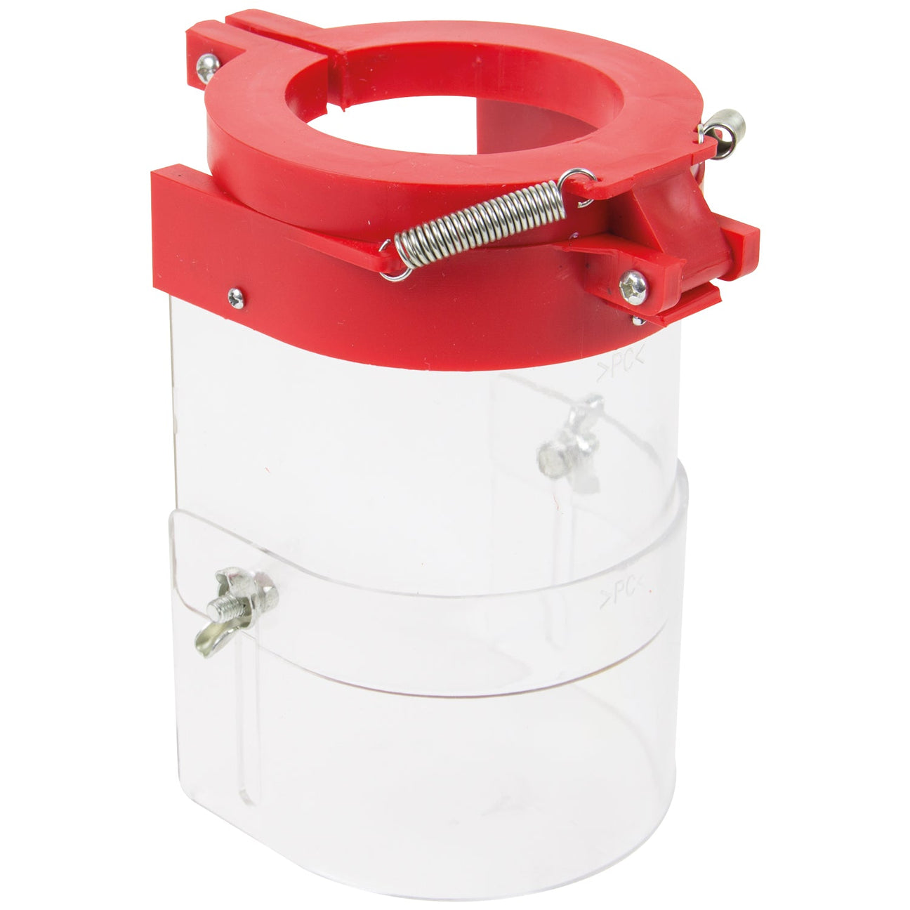 The SIP - 60mm Pillar Drill Chuck Guard (SIP-66690) is a transparent plastic dust collection fitting with a red clamp and spring mechanism, designed specifically for woodworking tools to offer protection against shards when used with SIP pillar drills.