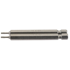 The Draper Tx-Star® Insert Bit, measuring 75mm in length and featuring a 1/4" hex base on one end and a T6 fitting on the other, is expertly crafted from robust chrome vanadium steel for handling specialized screw types. This double-ended security bit is ideal for Torx fixing systems such as the Draper TX-STAR series. The pack includes two 75TX/2/B bits.