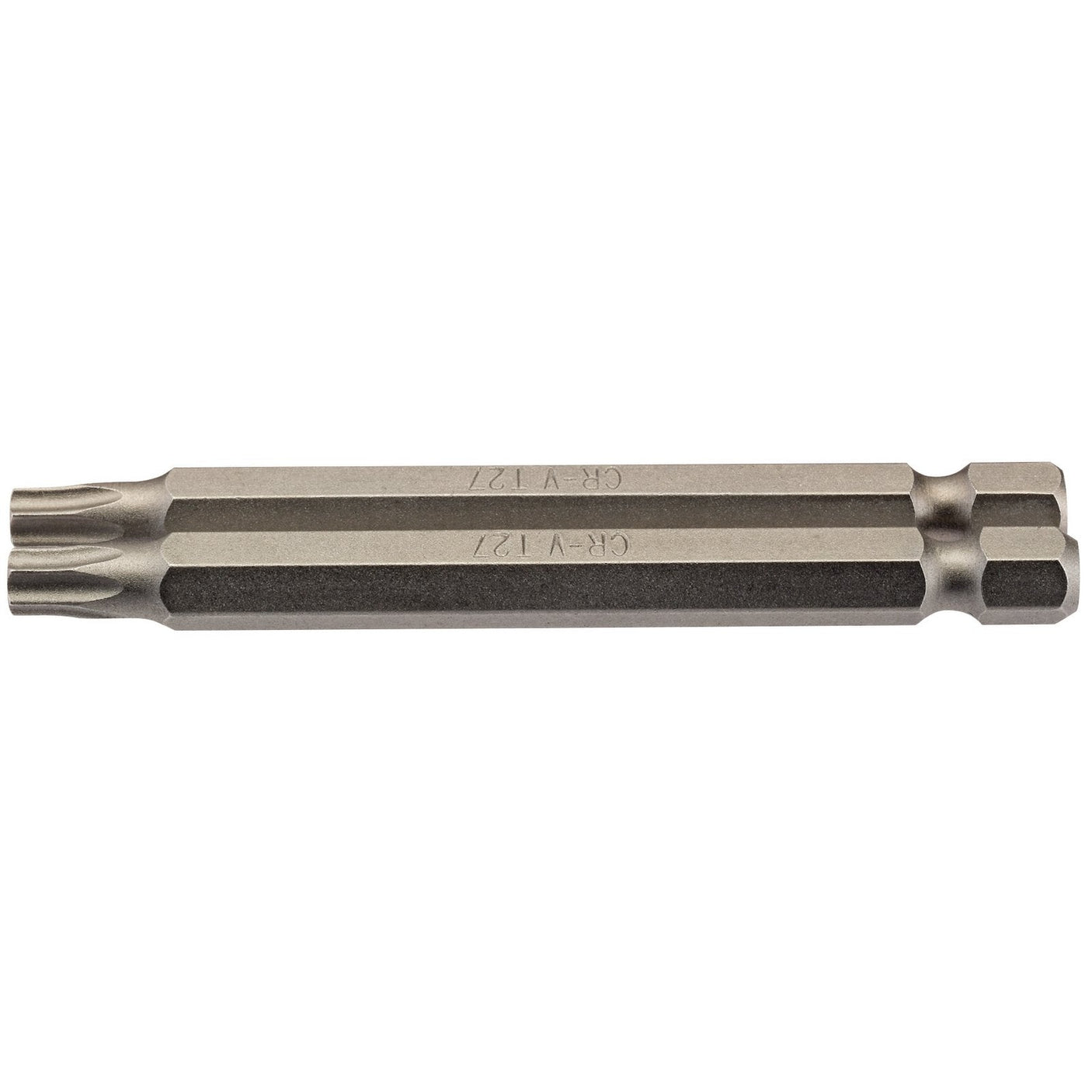 The Draper Tx-Star® Insert Bit, 1/4" Hex, 75mm Long, T27 (Pack Of 2) - 75TX/2/B is a versatile double-ended screwdriver bit made of durable chrome vanadium steel. It features a hexagonal shaft and different types of tips on each end, ideal for Torx fixing systems. Isolated on a white background.