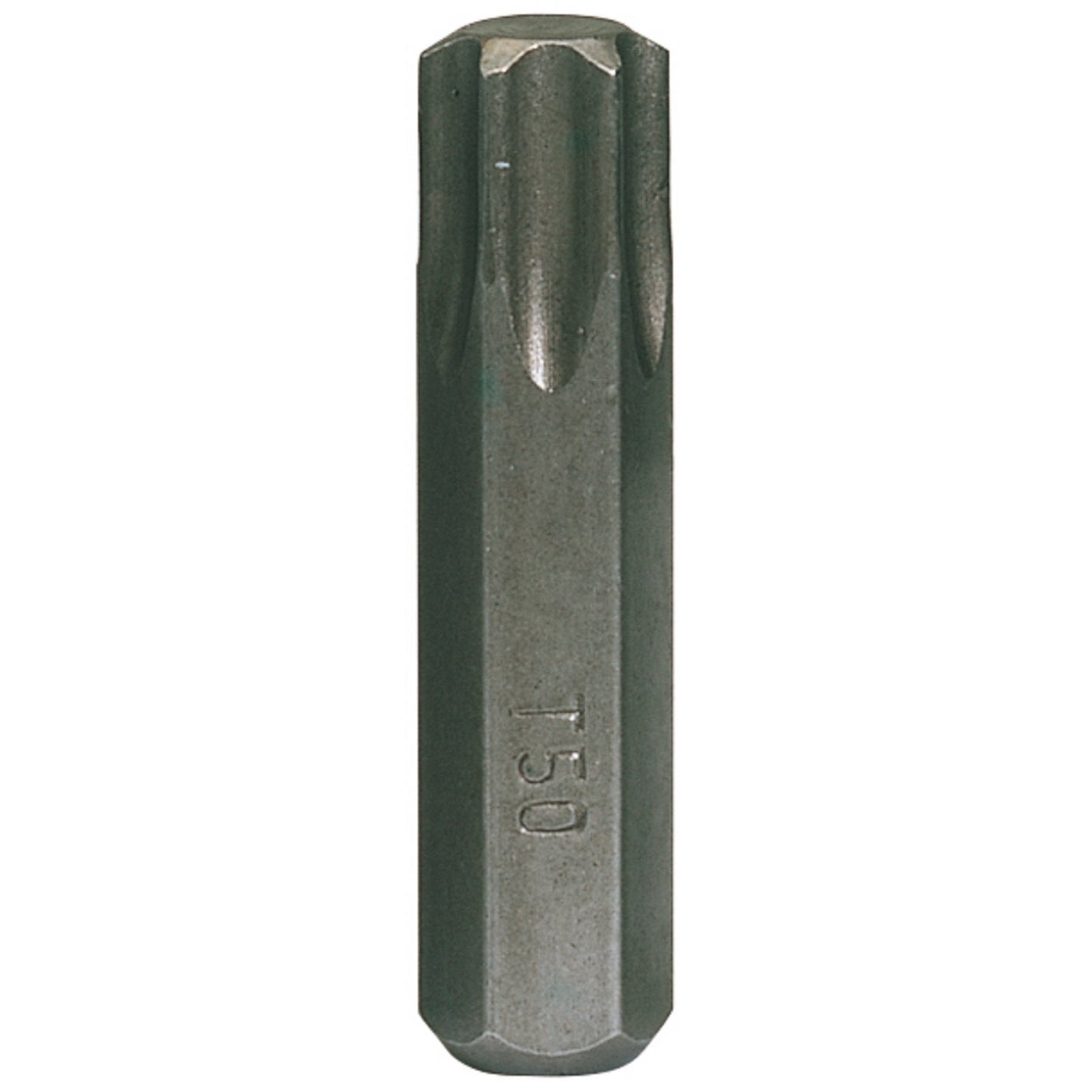 The Draper Tx-Star® Impact Screwdriver Bit, T50 - 2800M/TX, a metallic tool with a star-shaped head, is part of the Draper TX-STAR® product line and is used for driving screws and bolts.