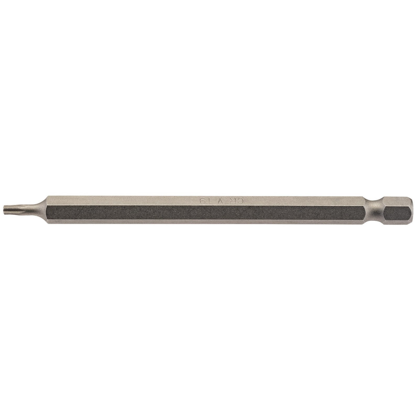 A Draper Tx-Star® Insert Bit, 1/4" Hex and 100mm Long with a T9 star-shaped tip, crafted from chrome vanadium steel, isolated on a white background.