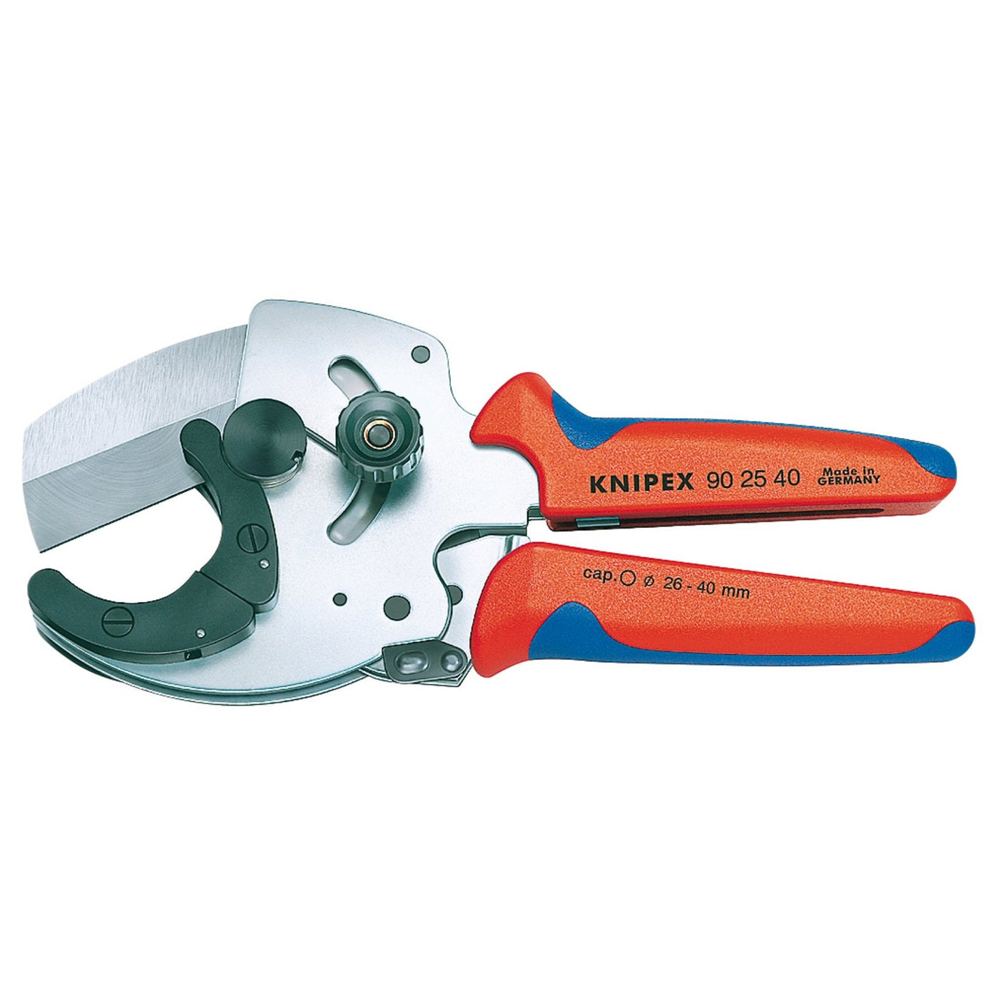 A pair of Draper Knipex 90 25 40 Pipe Cutters with high strength steel blades and red and blue handles, designed for cutting plastic pipes with a capacity of 26-40 mm.