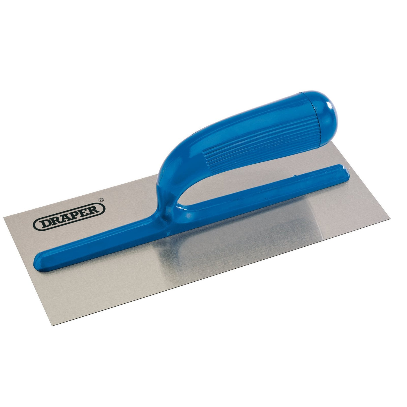 The Draper General Purpose Trowel - T104A is a rectangular metal trowel with a blue polypropylene handle, featuring the brand "DRAPER" printed on its fusion-welded carbon steel blade.