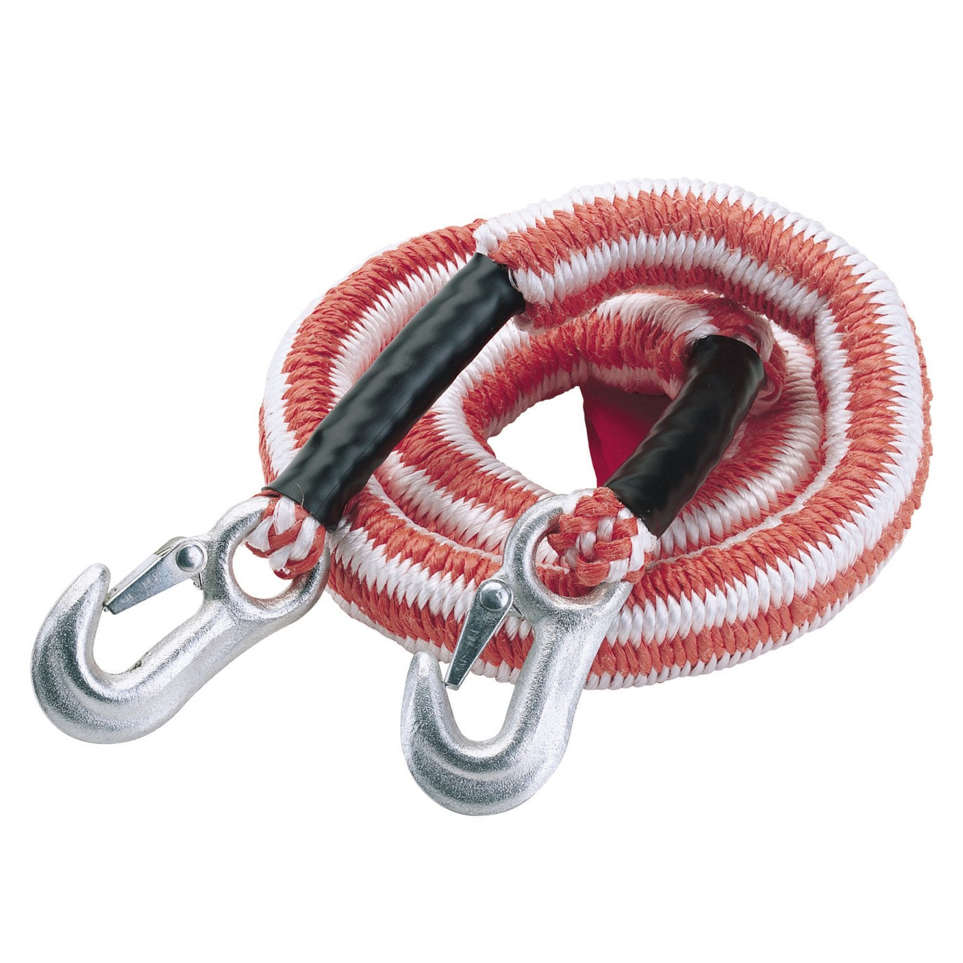 The Draper Concertina Tow Rope, 2500Kg - TR2500A is a coiled red and white tow strap with safety hooks made from zinc-plated forged S45C carbon steel.