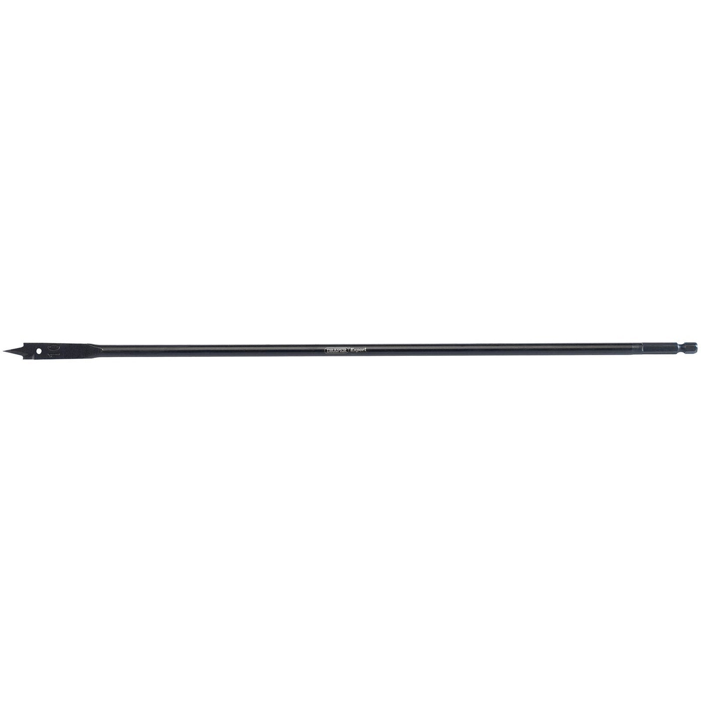 The Draper Extra Long Flat Wood Bit, 10 x 405mm - FB102XL, is a high-quality carbon steel tool featuring a flat, pointed end and a curved, rounded end on the opposite side.