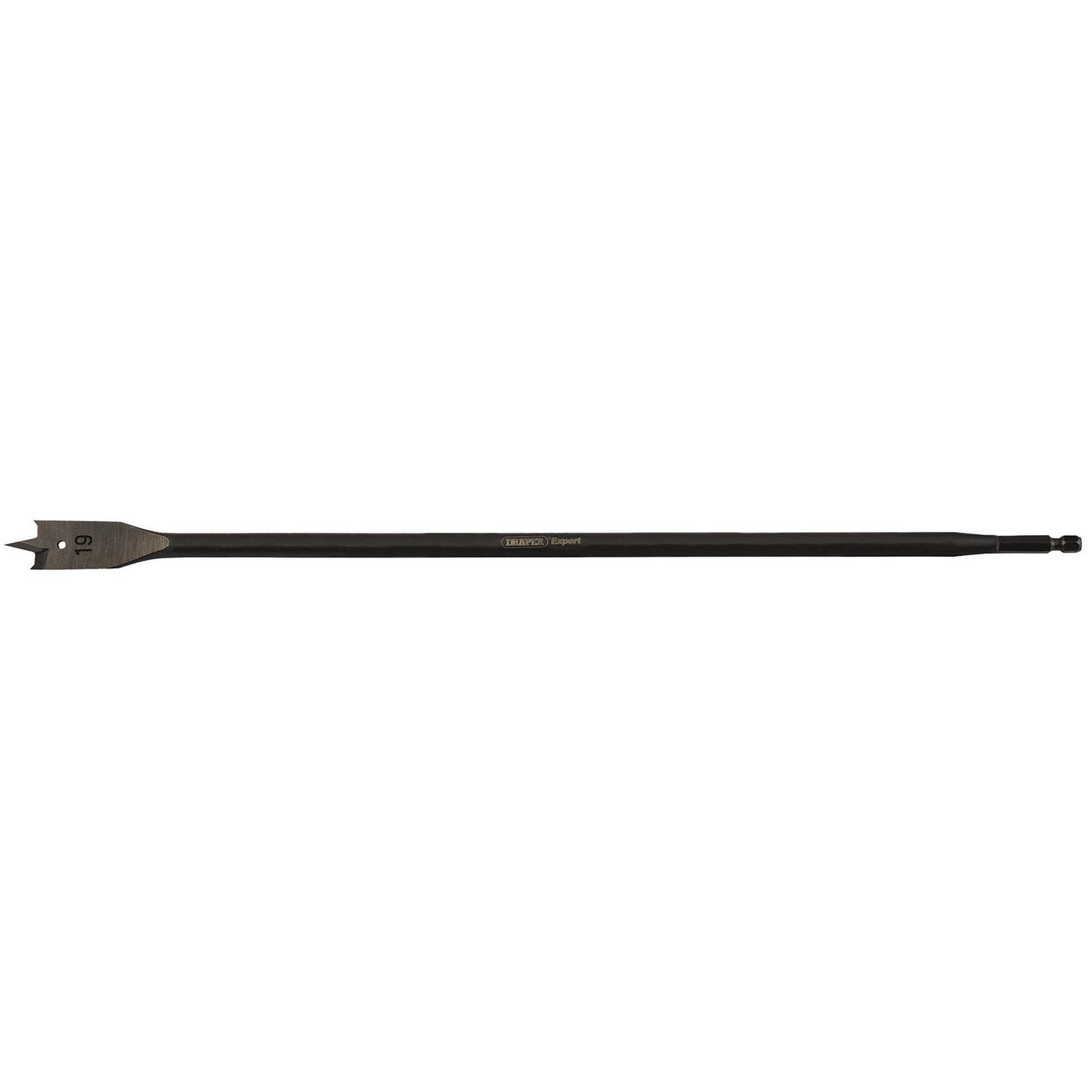 The Draper Extra Long Flat Wood Bit (FB102XL) is a 405mm drill bit with a 19mm diameter, made from high-quality carbon steel. It features a precision ground central point and a hexagonal shank.