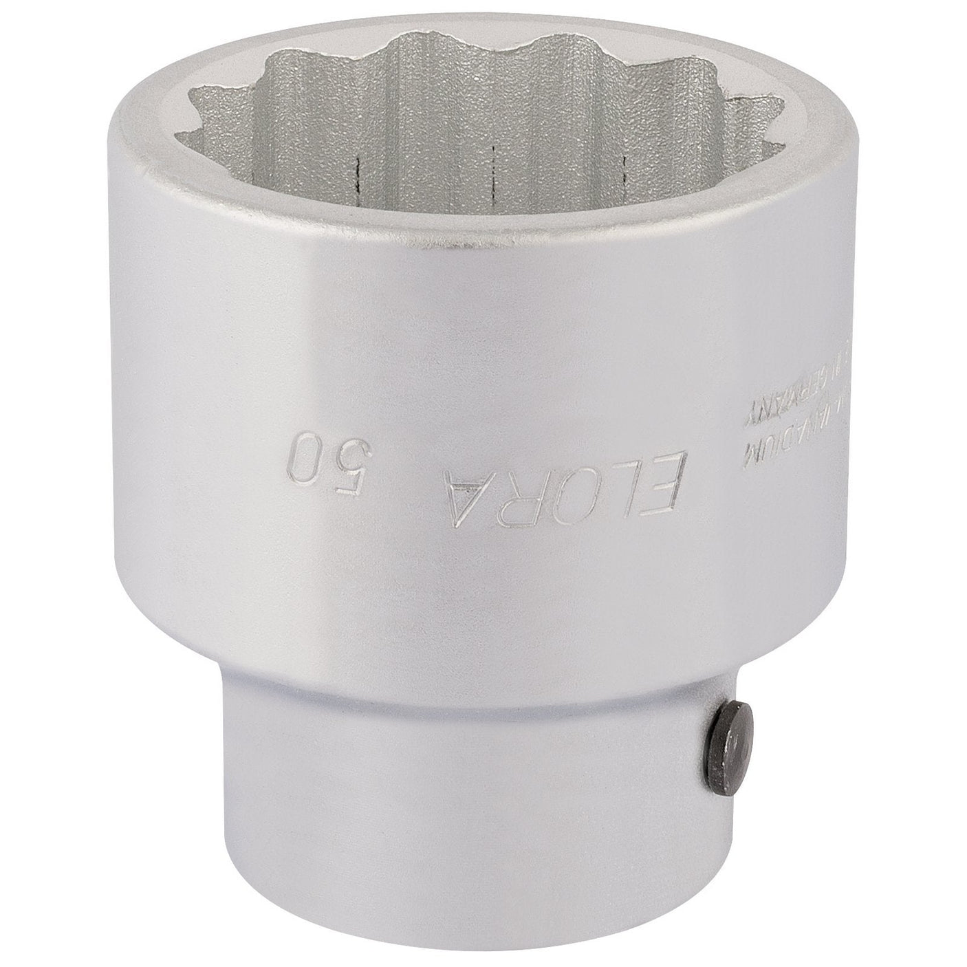 A Draper Elora Bi-Hexagon Socket, 1" Sq. Dr., 50mm - 780-50 is crafted from chrome vanadium steel with a notched interior and the text "FLORA 50" engraved on its side, meeting DIN 3124/ISO 2725 standards.