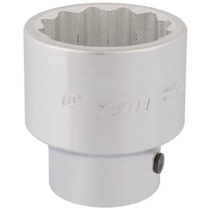 A Draper Elora Bi-Hexagon Socket, 1" Sq. Dr., 50mm - 780-50 is crafted from chrome vanadium steel with a notched interior and the text "FLORA 50" engraved on its side, meeting DIN 3124/ISO 2725 standards.