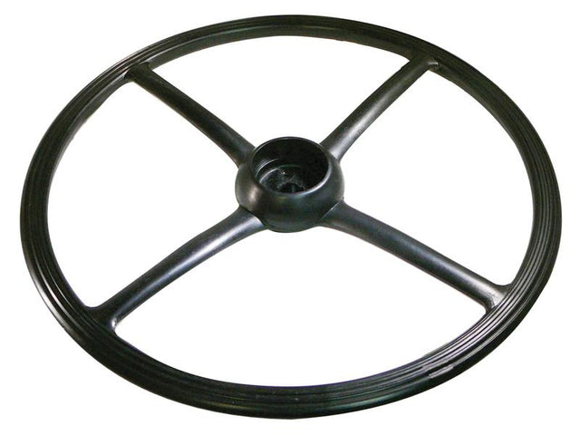 The Sparex Steering Wheel 455mm, Keyway (Part No. S.67507) is a black, circular steering wheel with four solid spokes, compatible with Ford / New Holland tractors.