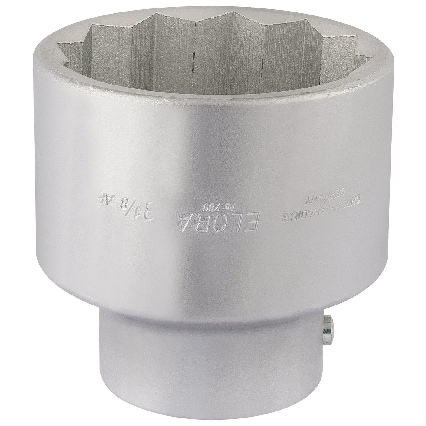 A cylindrical metallic socket with a series of internal grooves, crafted from chrome vanadium steel, and emblazoned with the text "Draper Elora Bi-Hexagon Socket, 1" Sq. Dr., 3.1/8" - 780A-3.1/8".