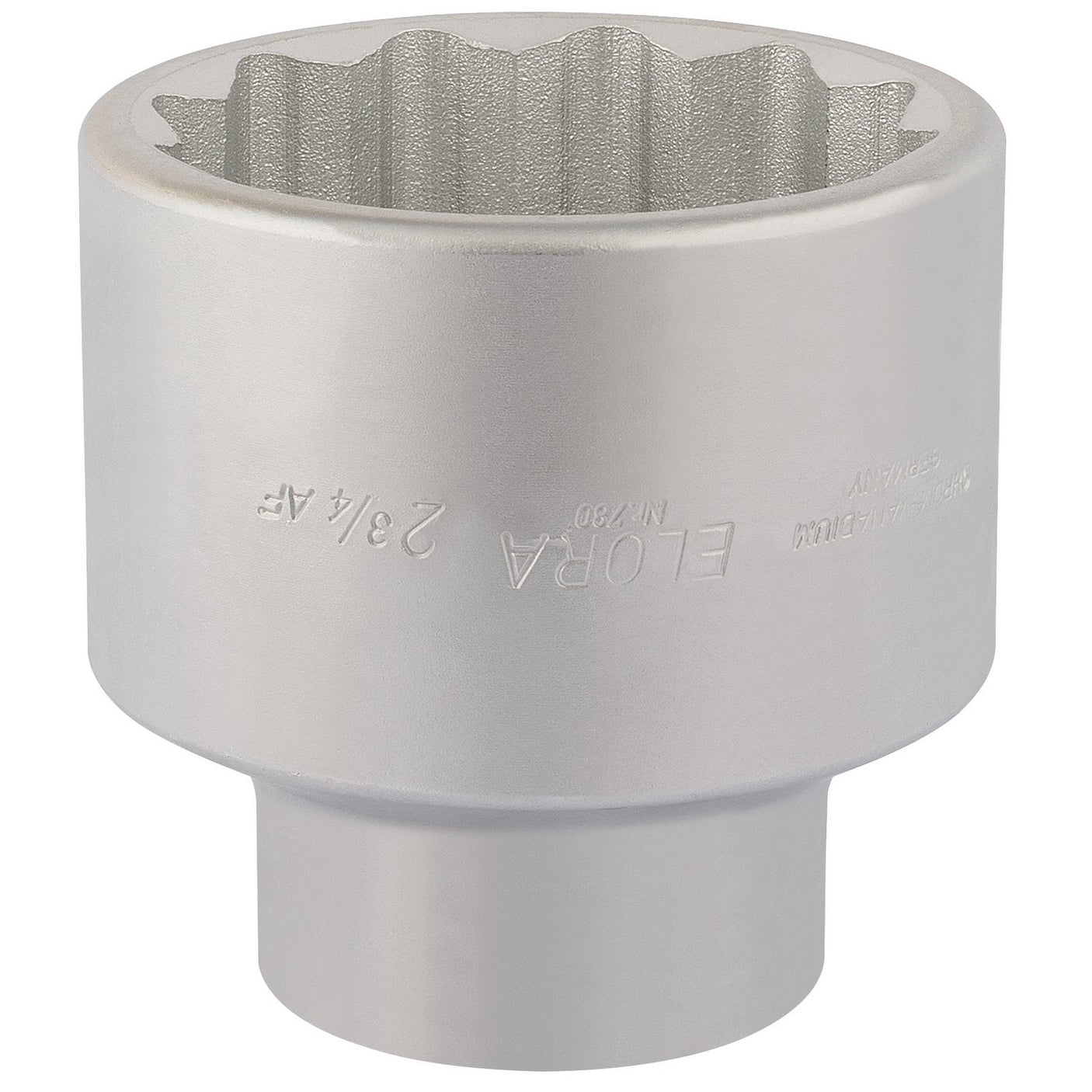 A silver, cylindrical Draper Elora Bi-Hexagon Socket with a 1" square drive and 2.3/4" size, made of durable chrome vanadium steel with a grooved inner surface, marked "780A-2.3/4," offers excellent corrosion protection and meets DIN specifications.