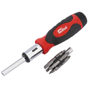 The Draper Redline Ratcheting Screwdriver And Bit Set (14 Piece) - RL-PSD14/1, featuring a red and black handle and a magnetic bit holder, is shown alongside several interchangeable drill bits.