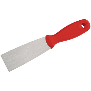 The Draper Redline Wall Scraper, 38mm - RL-SV2, is a metal putty knife with a polished blade and a red plastic handle featuring a hole at the end for hanging.