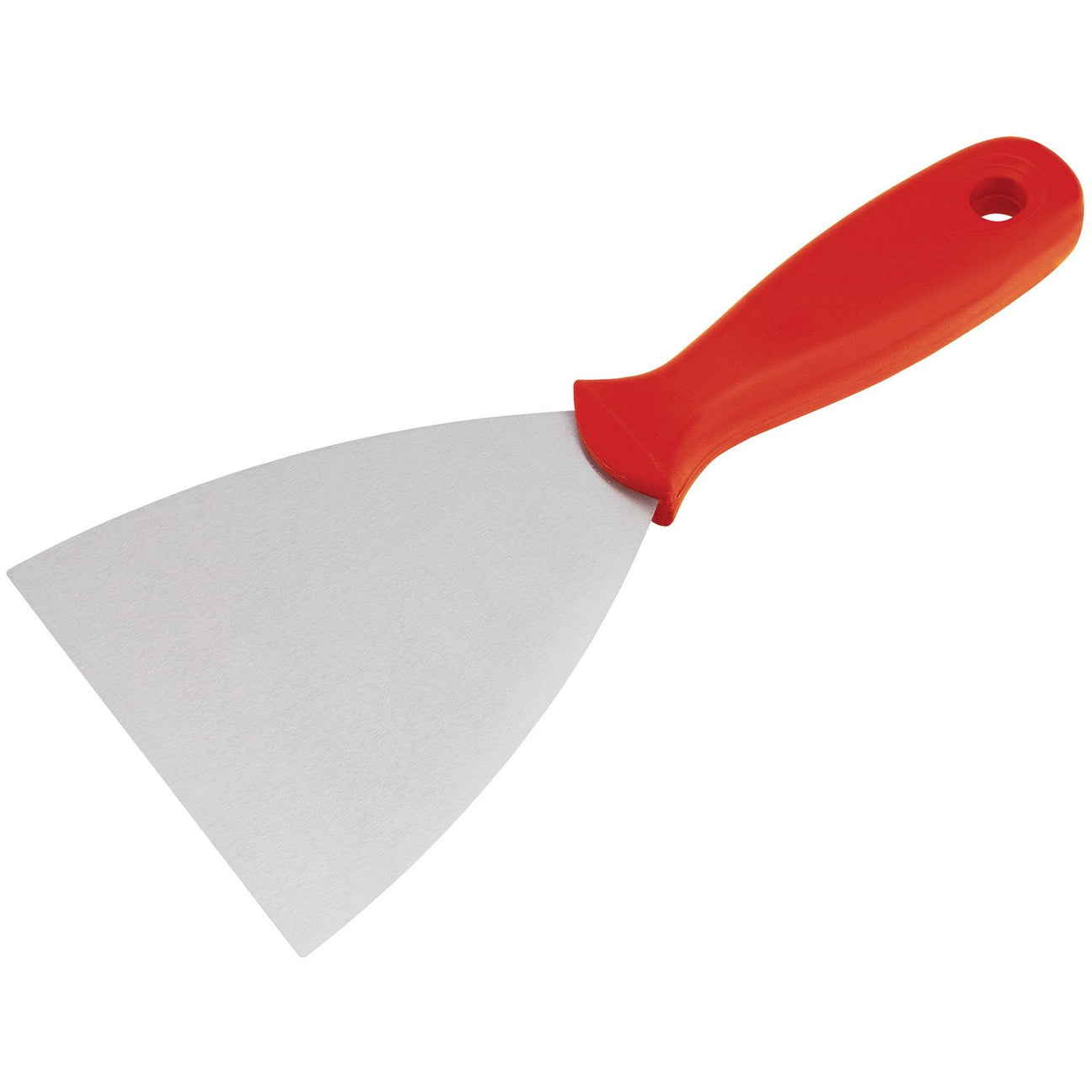 The Draper Redline Wall Scraper, 100mm - RL-SV2 by Draper features a contoured red plastic handle, a durable carbon steel blade, and a convenient hanging hole near the end. It comes display packed for added convenience.