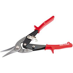 The Draper Redline Compound Action Tinman's/Aviation Shears, 240mm - RL-TSV2, features red heavy-duty handles and curved carbon steel blades, making it ideal for cutting sheet metal.