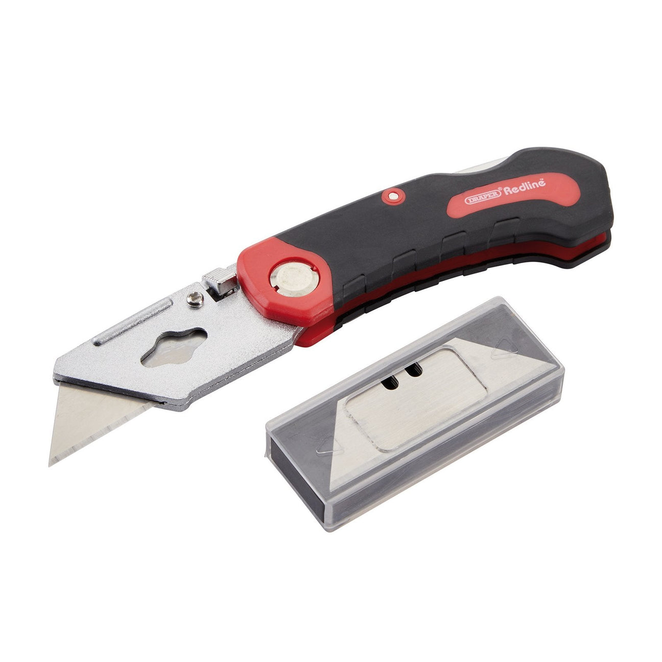 The Draper Redline Folding Trimming Knife - RL-FTK, a retractable utility knife featuring a red and black soft grip body, is displayed next to a transparent plastic case containing spare blades and includes a safety locking mechanism.