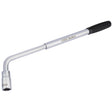 The Draper Redline Extending Wheel Nut Wrench - RL-WM17/19 features a chrome L-shaped tire iron with a black rubber handle grip and the brand name "Draper" engraved on the metal. This tool also includes a reversible carbon steel socket for easy adjustment of wheel nuts, making it highly versatile for any roadside emergency.