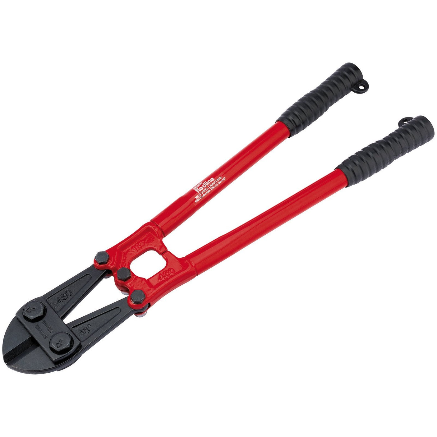 Introducing the Draper Redline Bolt Cutter, 450mm - RL-BC2, featuring red handles and black jaws with rubber grips on its solid forged steel blades.