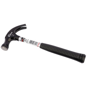 A Draper Redline Claw Hammer with a rubber grip handle, weighing 450g/16oz, features a claw for nail removal. The handle is made from hardened tubular steel and has a barcode sticker along with the product name "Draper Redline" printed on it.