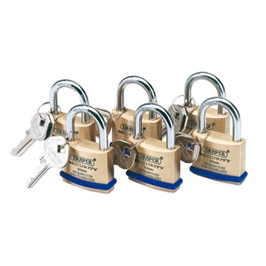 Three Draper Solid Brass Padlocks with keys inserted, arranged in a row. Each 40mm padlock showcases a blue stripe and is labeled "Draper Security." These locks feature the Draper Security Rating and a hardened steel shackle for enhanced protection.