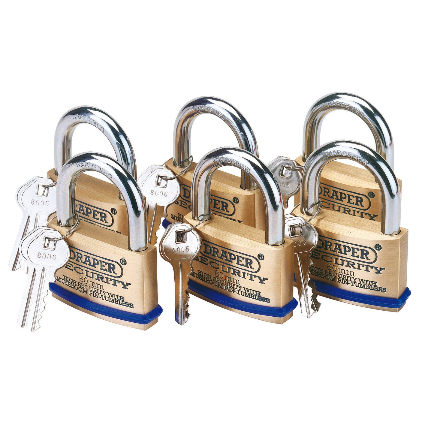 Six solid brass Draper padlocks with hardened steel shackles, each measuring 60mm and accompanied by two matching keys, ensuring top-notch security.