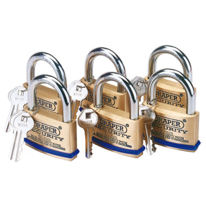 Six solid brass Draper padlocks with hardened steel shackles, each measuring 60mm and accompanied by two matching keys, ensuring top-notch security.