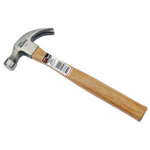 The Draper Redline Claw Hammer With Hardwood Shaft, weighing 450g (model RL-DB-CHW), features a forged steel head with one flat side for driving nails and a claw side for removing them. The handle proudly displays the product label, making it an excellent choice for any countertop display, showcasing Draper's commitment to quality craftsmanship and durability.