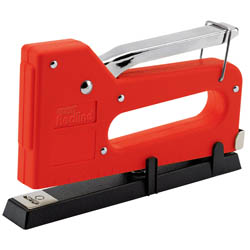 The Draper Redline Staple Gun/Tacker, compatible with 6mm staples and featuring a chrome handle, comes in a striking red and black design.