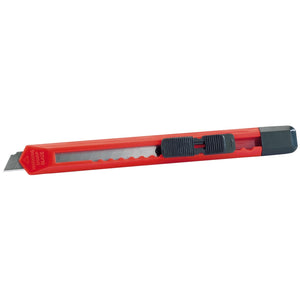 The Draper Redline Retractable Segment Blade Knife, 9mm - RL-RK/1 by Draper is a red utility knife with a retractable blade and a black slider mechanism. Its plastic handle ensures a lightweight grip, while the blade features multiple snap-off segments for extended use.